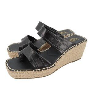 Franco Sarto 9.5 M Clave Black Embossed Croco Leather Espadrille Wedge Sandals